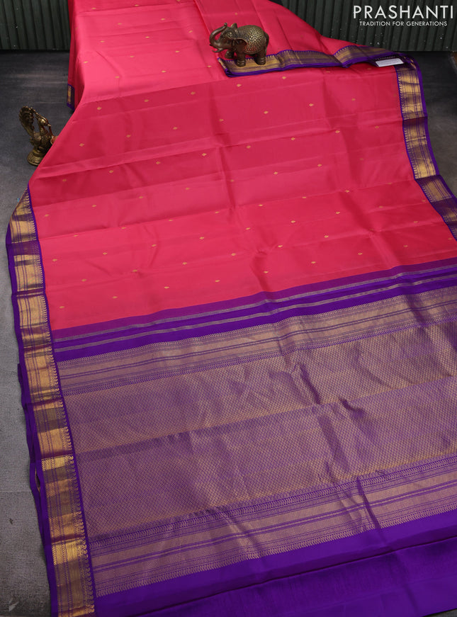 Pure kanchipram silk saree tomato pink and violet with zari woven buttas and zari woven korvai border