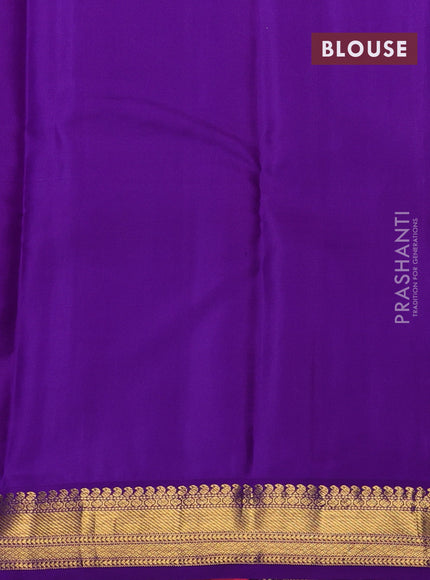 Pure kanchipram silk saree tomato pink and violet with zari woven buttas and zari woven korvai border