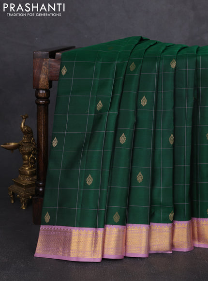 Pure kanchipram silk saree bottle green and lavender with allover thread checks & buttas and zari woven korvai border