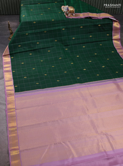 Pure kanchipram silk saree bottle green and lavender with allover thread checks & buttas and zari woven korvai border
