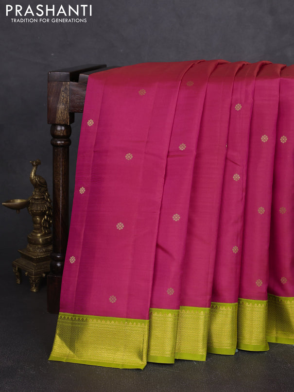 Pure kanchipram silk saree tomato pionk and light green with zari woven buttas and zari woven korvai border