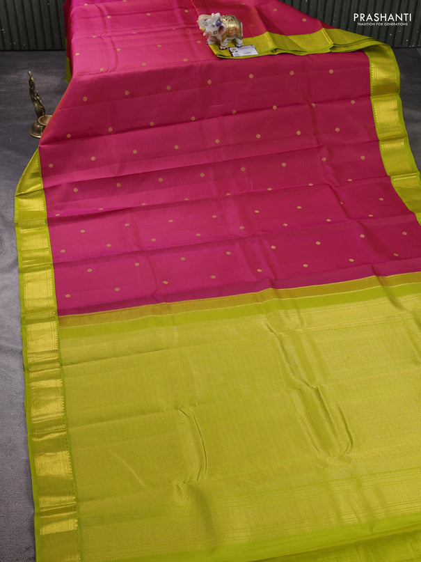 Pure kanchipram silk saree tomato pionk and light green with zari woven buttas and zari woven korvai border