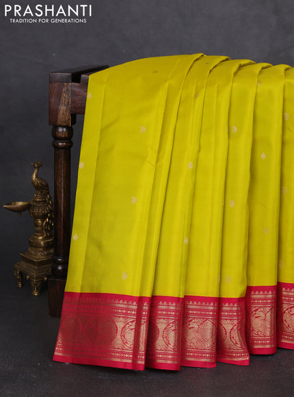 Pure kanchipram silk saree lime yellow and maroon with zari woven buttas and zari woven korvai border