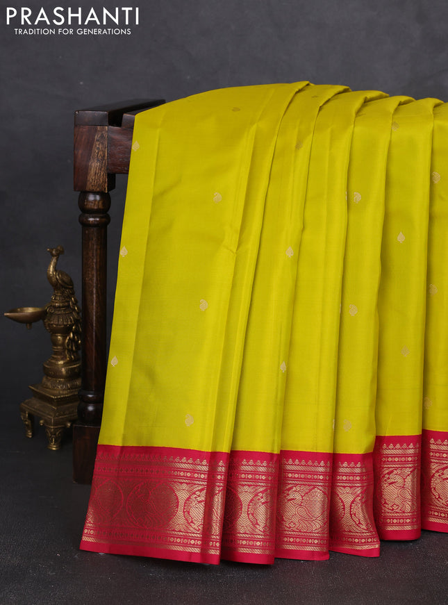 Pure kanchipram silk saree lime yellow and maroon with zari woven buttas and zari woven korvai border