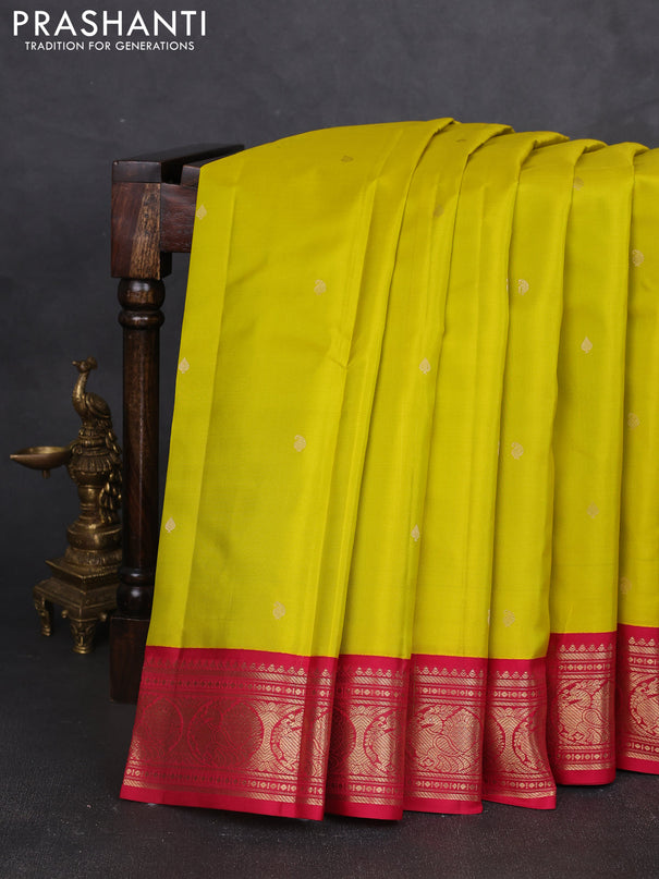Pure kanchipram silk saree lime yellow and maroon with zari woven buttas and zari woven korvai border