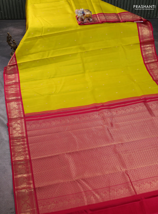 Pure kanchipram silk saree lime yellow and maroon with zari woven buttas and zari woven korvai border