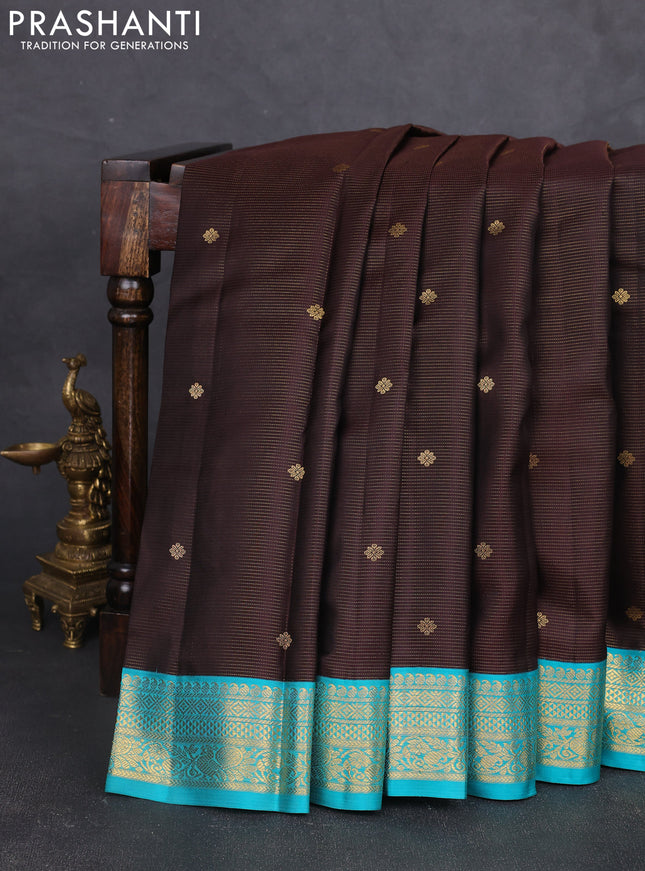 Pure kanchipram silk saree coffee brown and teal blue with zari vairosi pattern & buttas and zari woven korvai border