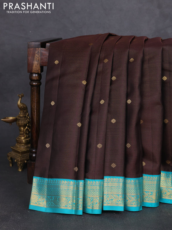 Pure kanchipram silk saree coffee brown and teal blue with zari vairosi pattern & buttas and zari woven korvai border