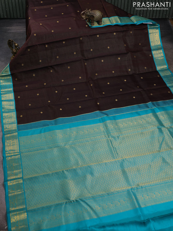 Pure kanchipram silk saree coffee brown and teal blue with zari vairosi pattern & buttas and zari woven korvai border