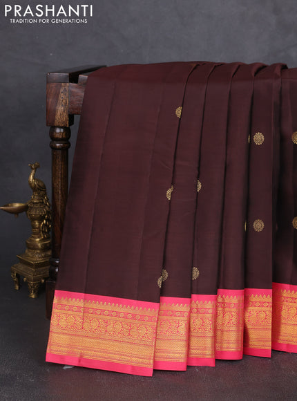 Pure kanchipram silk saree coffee brown and peach pink with zari woven buttas and zari woven korvai border