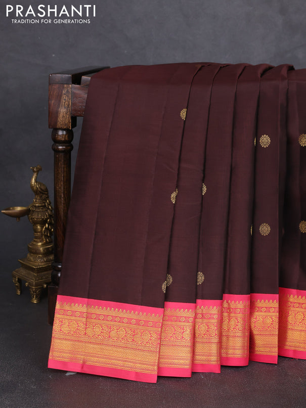 Pure kanchipram silk saree coffee brown and peach pink with zari woven buttas and zari woven korvai border