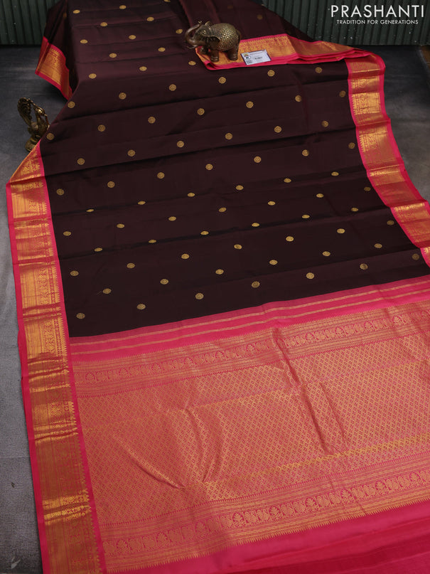 Pure kanchipram silk saree coffee brown and peach pink with zari woven buttas and zari woven korvai border