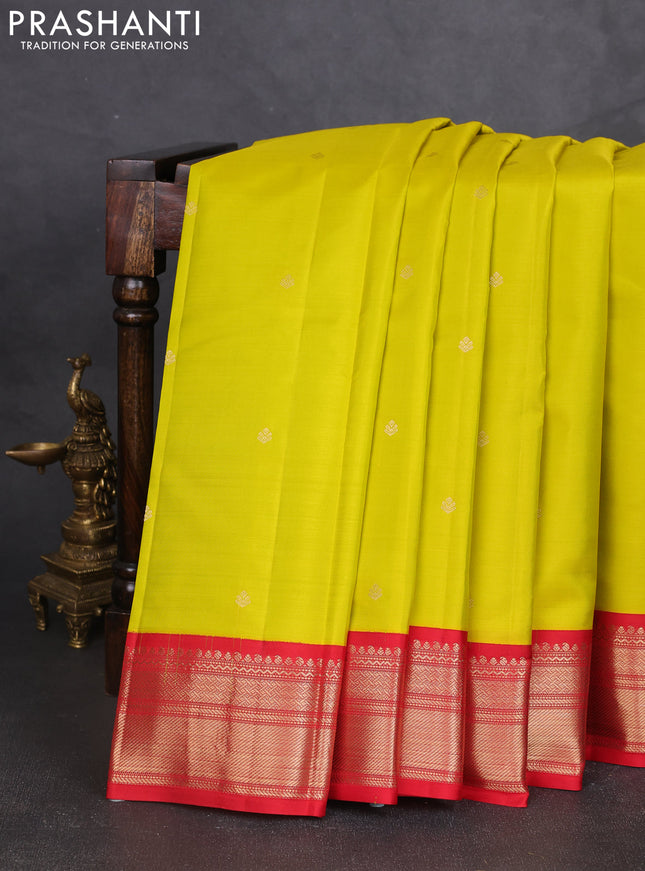 Pure kanchipram silk saree lime green and red with zari woven buttas and zari woven korvai border