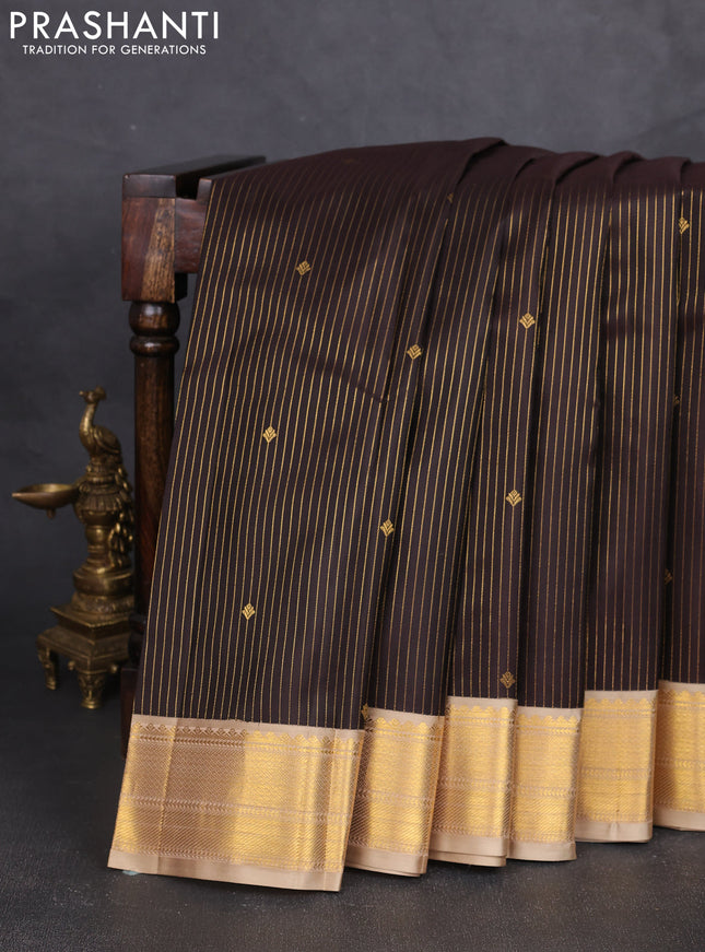 Pure kanchipram silk saree coffee brown and beige with allover vairosi pattern & buttas and zari woven border