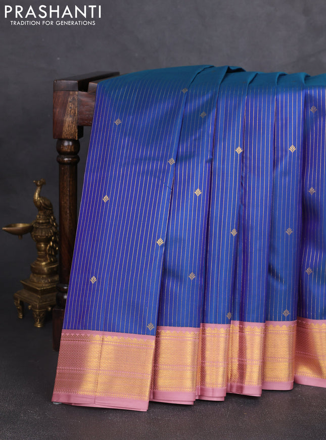 Pure kanchipram silk saree peacock blue and pastel pink with allover vairosi pattern & buttas and zari woven border
