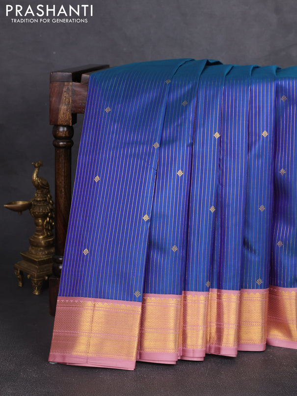 Pure kanchipram silk saree peacock blue and pastel pink with allover vairosi pattern & buttas and zari woven border