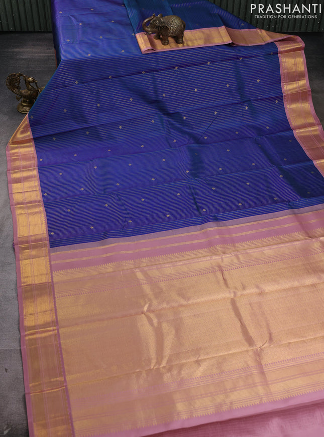 Pure kanchipram silk saree peacock blue and pastel pink with allover vairosi pattern & buttas and zari woven border