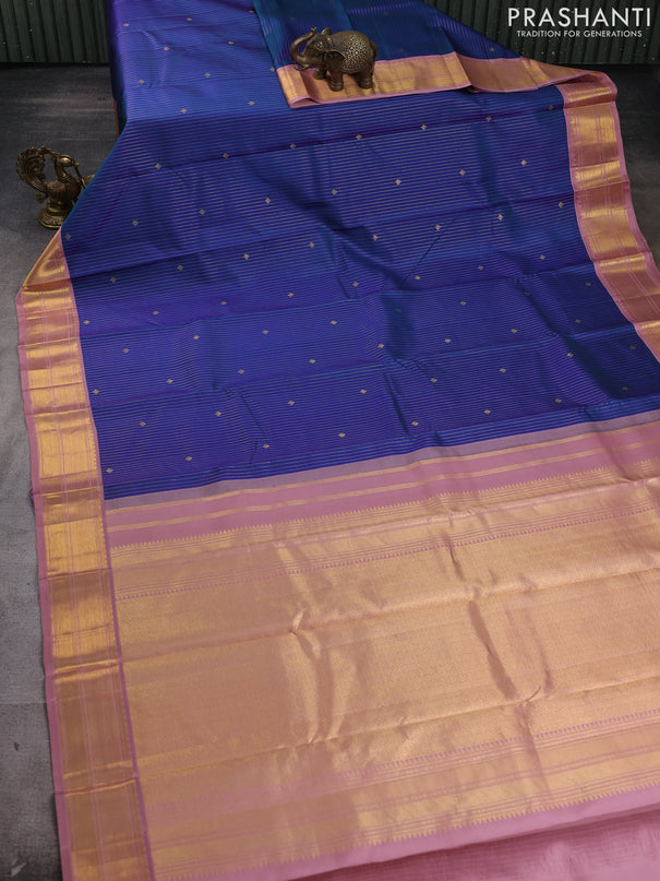 Pure kanchipram silk saree peacock blue and pastel pink with allover vairosi pattern & buttas and zari woven border