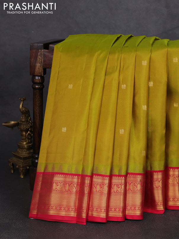 Pure kanchipram silk saree lime green and red with annam zari woven buttas and temple design zari woven border
