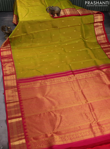 Pure kanchipram silk saree lime green and red with annam zari woven buttas and temple design zari woven border
