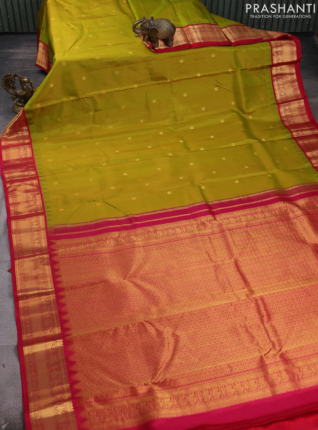 Pure kanchipram silk saree lime green and red with annam zari woven buttas and temple design zari woven border