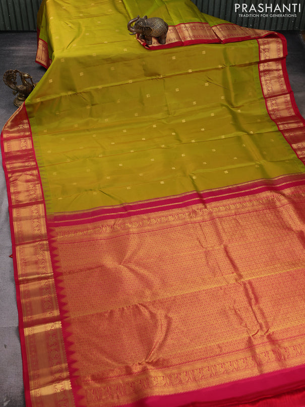 Pure kanchipram silk saree lime green and red with annam zari woven buttas and temple design zari woven border