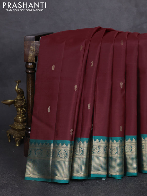 Pure kanchipram silk saree maroon and green with zari woven buttas and zari woven border