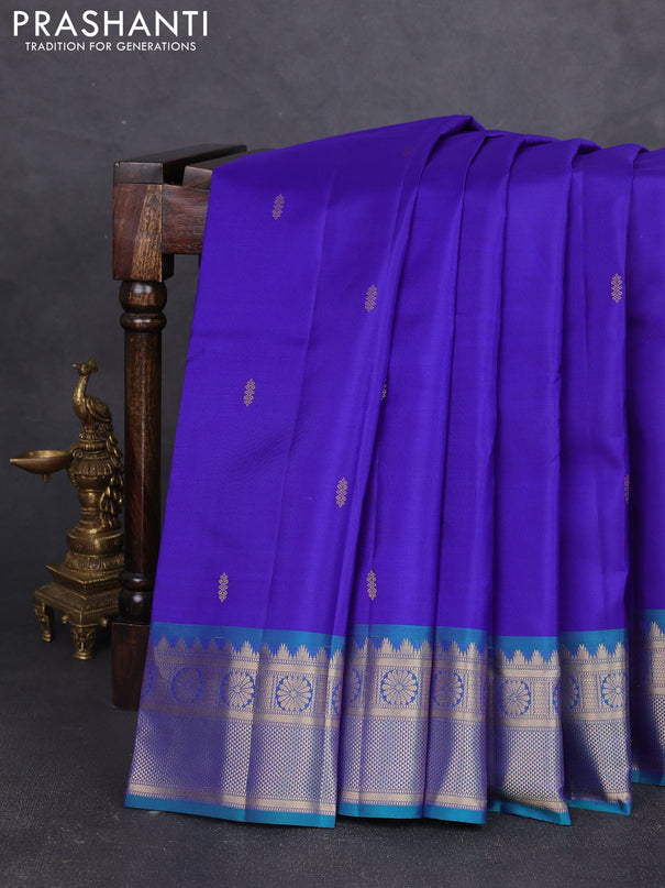 Pure kanchipram silk saree royal blue and teal green with zari woven buttas and zari woven border