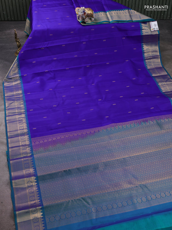 Pure kanchipram silk saree royal blue and teal green with zari woven buttas and zari woven border