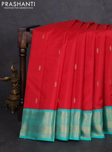 Pure kanchipram silk saree red and teal green with zari woven buttas and zari woven korvai border