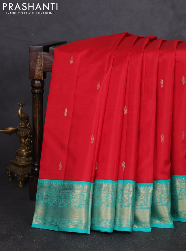 Pure kanchipram silk saree red and teal green with zari woven buttas and zari woven korvai border