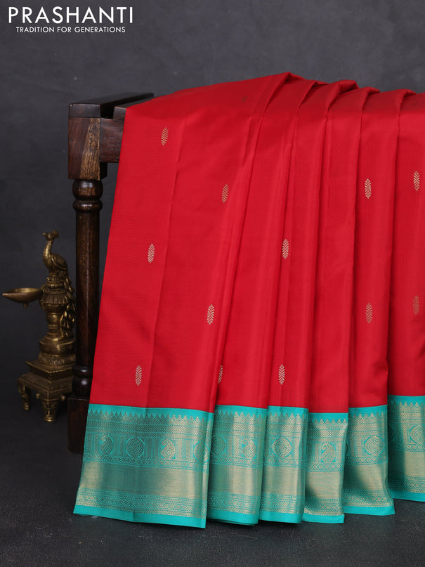 Pure kanchipram silk saree red and teal green with zari woven buttas and zari woven korvai border