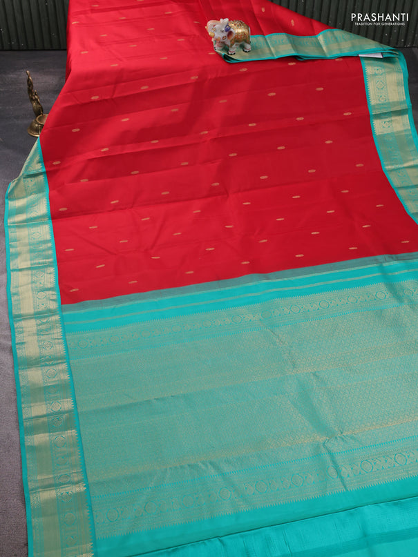 Pure kanchipram silk saree red and teal green with zari woven buttas and zari woven korvai border
