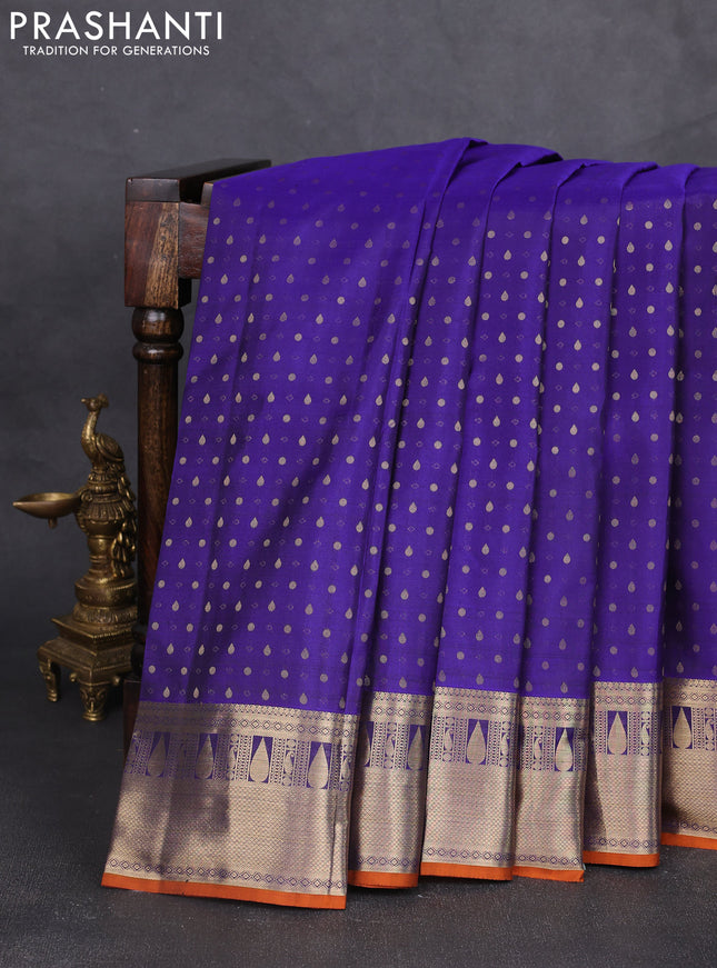 Pure kanchipram silk saree blue and orange with allover zari 1000 buttas and zari woven border