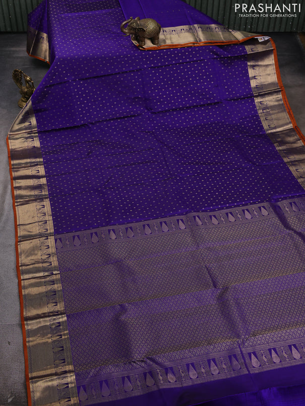 Pure kanchipram silk saree blue and orange with allover zari 1000 buttas and zari woven border