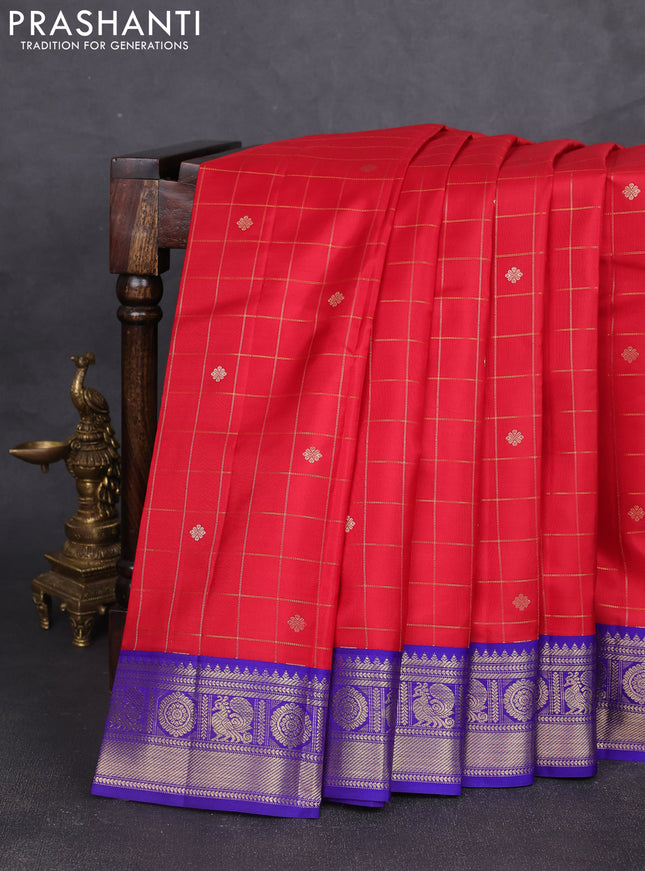 Pure kanchipram silk saree red and blue with allover zari checks & buttas and zari woven korvai border