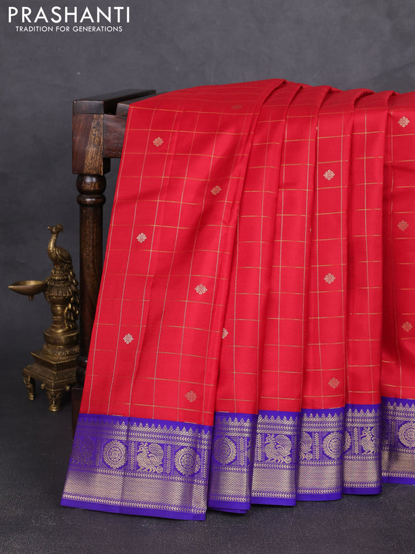 Pure kanchipram silk saree red and blue with allover zari checks & buttas and zari woven korvai border