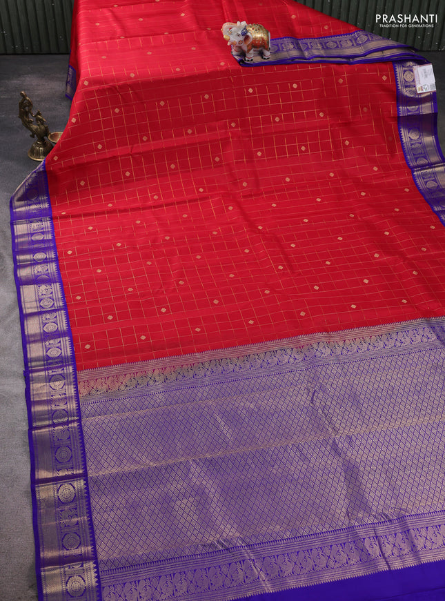 Pure kanchipram silk saree red and blue with allover zari checks & buttas and zari woven korvai border