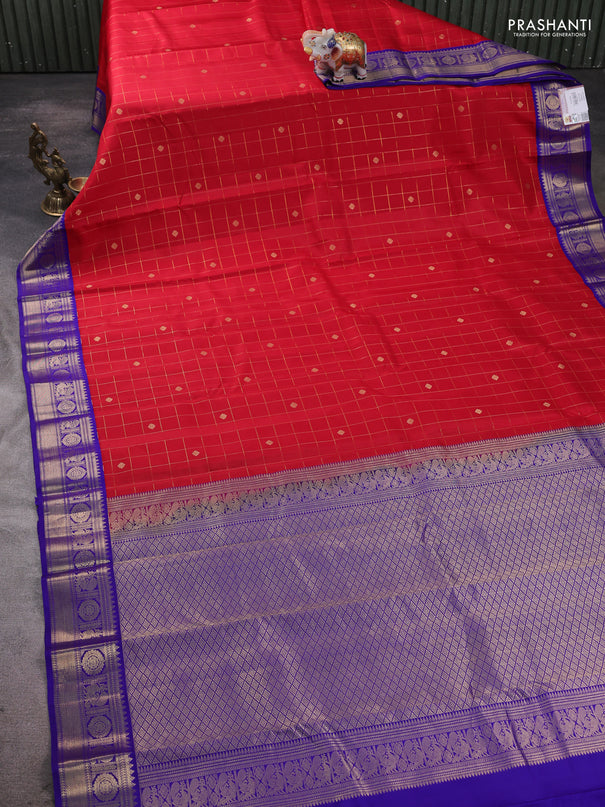 Pure kanchipram silk saree red and blue with allover zari checks & buttas and zari woven korvai border