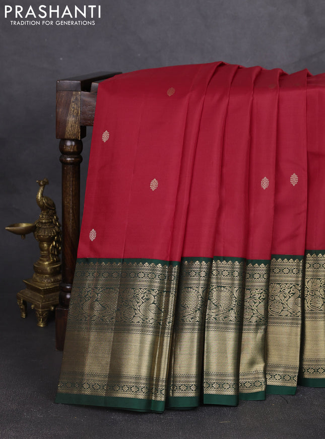 Pure kanchipram silk saree red and bottle green with zari woven buttas and long zari woven korvai border