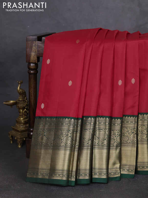 Pure kanchipram silk saree red and bottle green with zari woven buttas and long zari woven korvai border