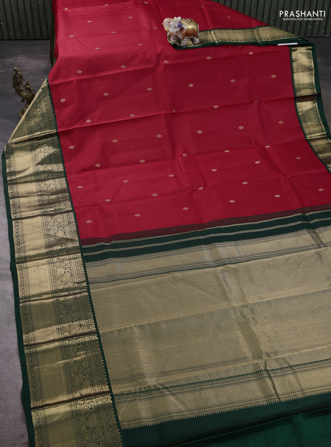 Pure kanchipram silk saree red and bottle green with zari woven buttas and long zari woven korvai border