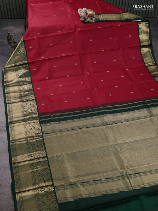 Pure kanchipram silk saree red and bottle green with zari woven buttas and long zari woven korvai border