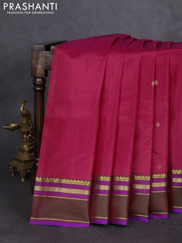 Pure kanchipram silk saree dark pink and purple with zari woven buttas and zari woven border