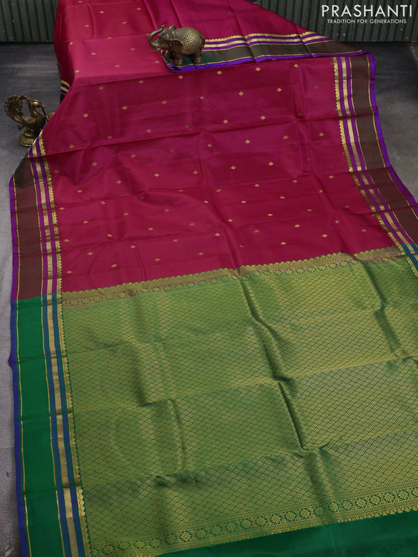 Pure kanchipram silk saree dark pink and purple with zari woven buttas and zari woven border