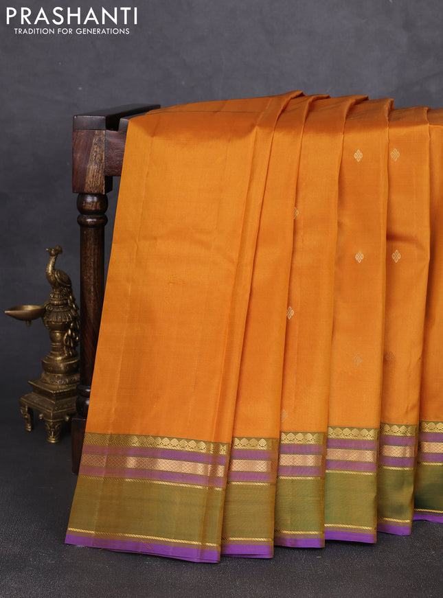 Pure kanchipram silk saree mustard yellow and green with zari woven buttas and zari woven border
