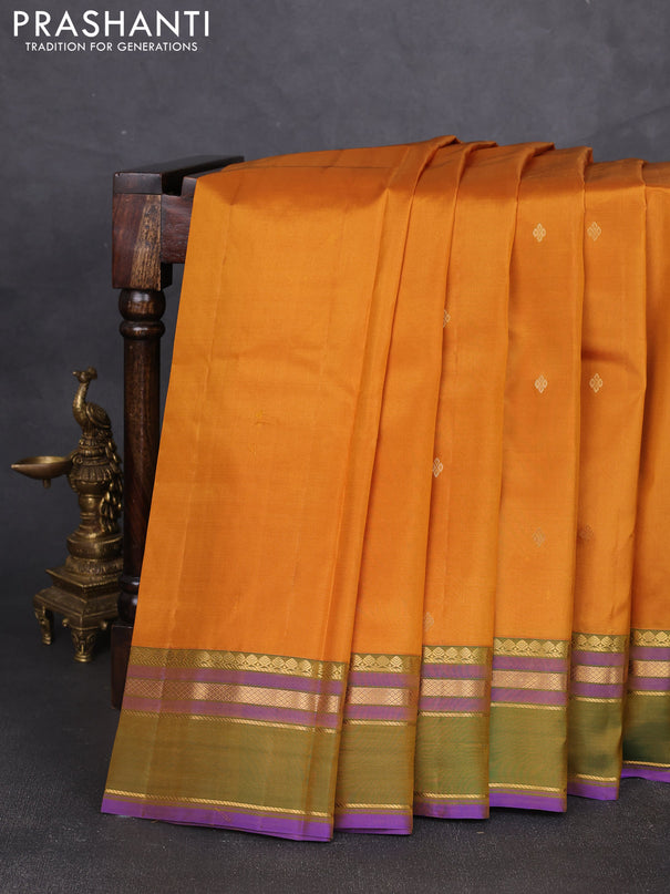 Pure kanchipram silk saree mustard yellow and green with zari woven buttas and zari woven border