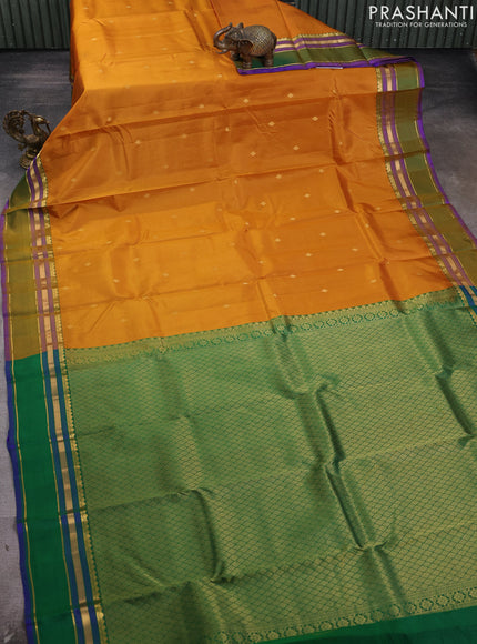 Pure kanchipram silk saree mustard yellow and green with zari woven buttas and zari woven border