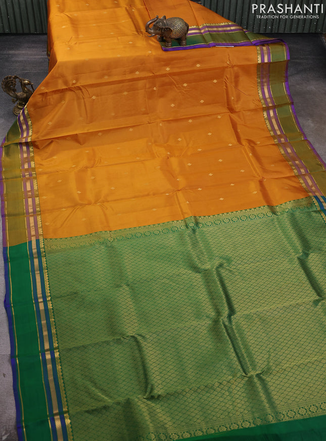 Pure kanchipram silk saree mustard yellow and green with zari woven buttas and zari woven border