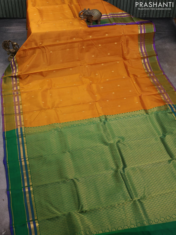 Pure kanchipram silk saree mustard yellow and green with zari woven buttas and zari woven border